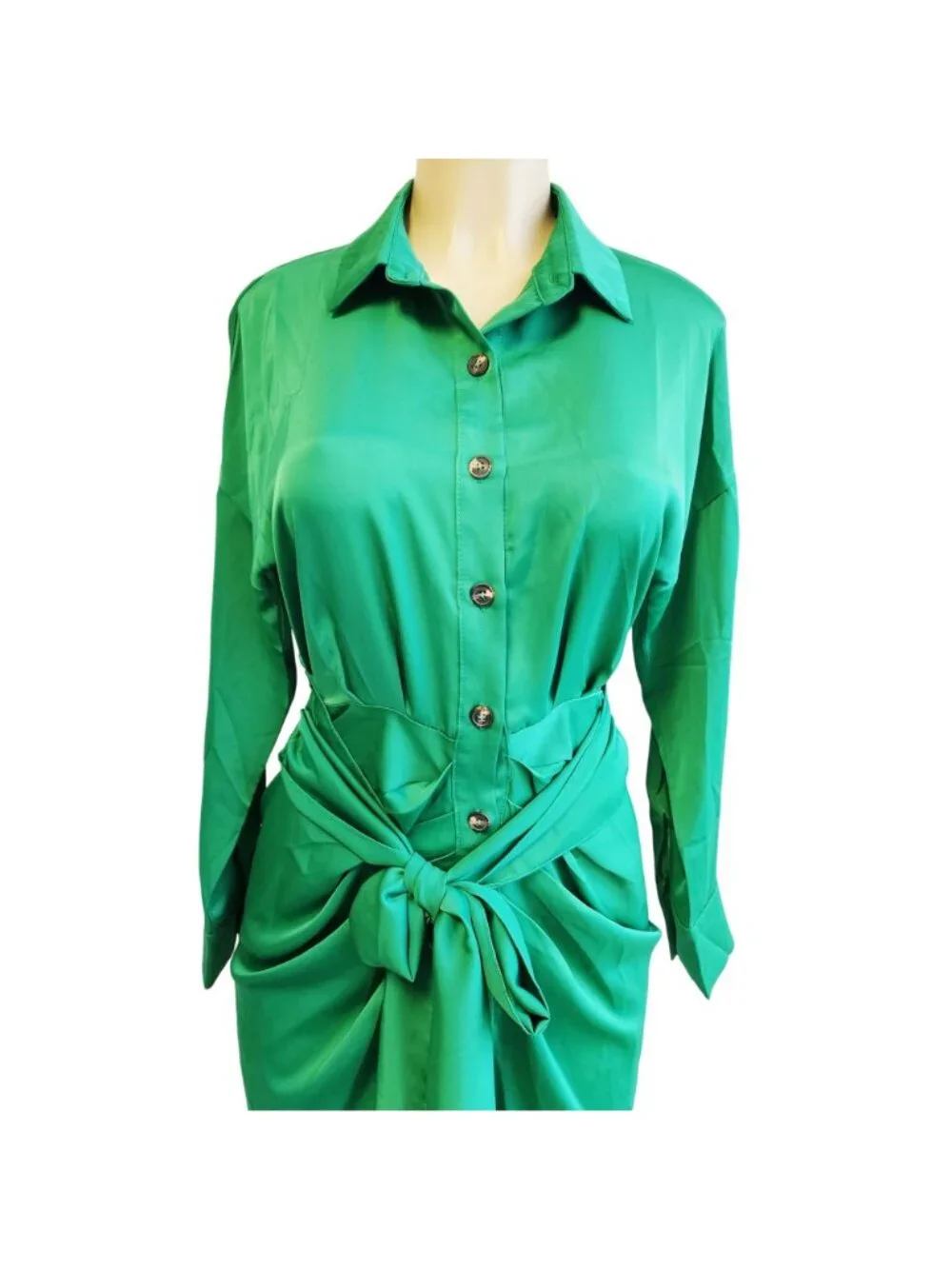 BTBFM Womens Satin Green Button-Down Tie-Waist Long-Sleeve Midi Shirt Dress S - Picture 3 of 8